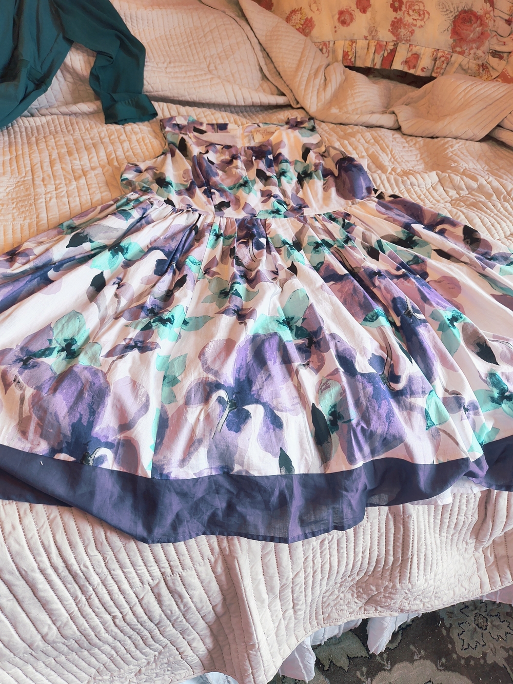 Myrtlewood White Floral Midi Dress Aqua And Purple, Full Skirt. 2x